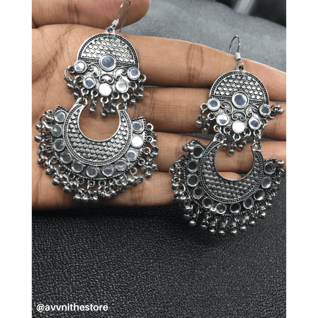 The Motif Moon - Oxidised Chandbali Earrings (Blue)