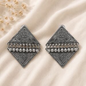 Oxidised Silver Geometric Earring with Ghungroo dual triangle style earring flatlay