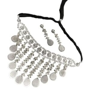 oxidised bell drop choker set, A complete Oxidised Bell Drop Choker Set, featuring an antique silver-tone choker necklace with cascading floral motifs, bell-shaped ghungroo drops, and embossed teardrop pendants, alongside matching dangle earrings.