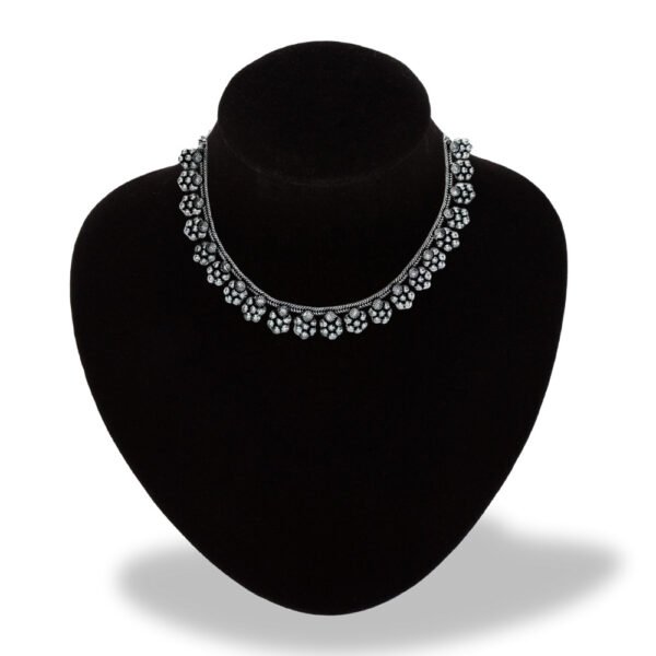 Floral Oxidised Silver Choker Necklace with Beaded Detailing by Avvni The Store Oxidised Silver Necklace with Floral Motifs and Beads