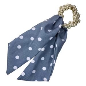 Pearl Hair Scarf Scrunchie, hair accessory features a flowing Midnight Blue hair scarf adorned with classic white polka dots