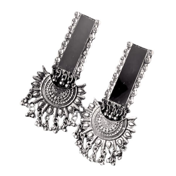 Oxidised Mirror Chaand Bali, Oxidised silver earrings with rectangular mirror tops and intricate circular sunburst design featuring hanging danglers.