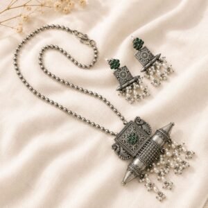 Oxidised Silver Replica Long Necklace Set, Silver replica jewellery with emerald green stone jewellery and pearl jewellery