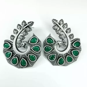 Oxidised Silver Peacock Earring, oxidised earring, stud earring, silver earring, green stone earring, monalisa stone earring jewellery