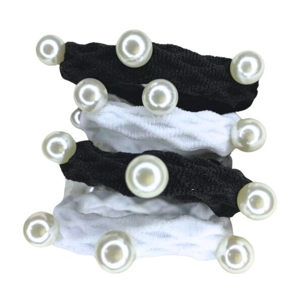 Pearl Hair Tie Set of 4, Set of four fabric hair ties in black and white, each decorated with round faux pearls, displayed on a transparent background.