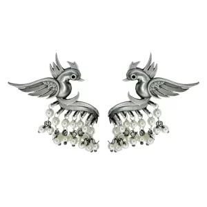 bird earrings, oxidised earrings, silver replica earrings, minimal jewellery, oxidised jewellery, silver replica jewellery, pearl earrings,