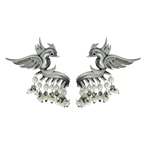 bird earrings, oxidised earrings, silver replica earrings, minimal jewellery, oxidised jewellery, silver replica jewellery, pearl earrings,