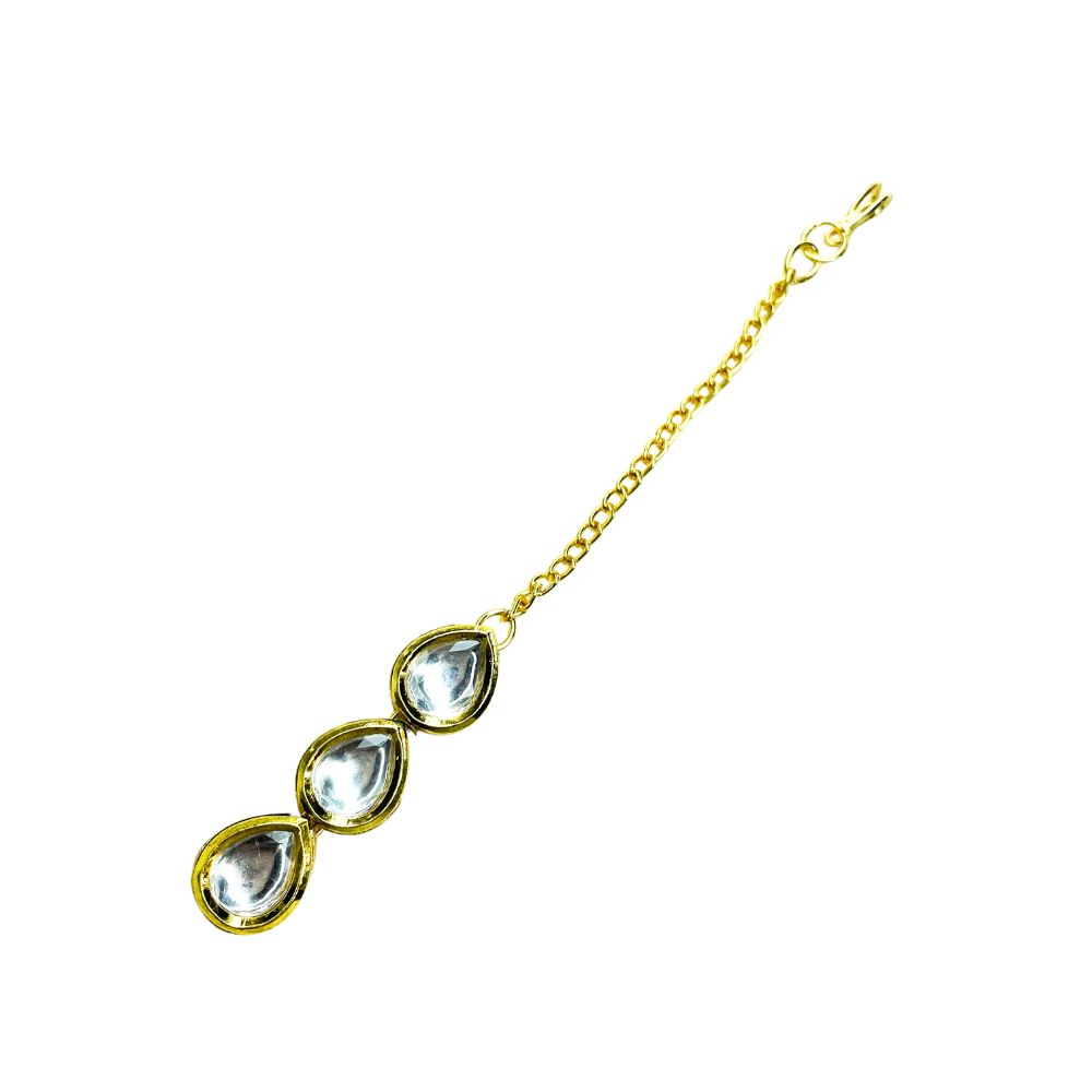 Gold Plated Kundan Maang Tikka, Gold finish minimal Traditional Maang Tikka with three Kundan stones