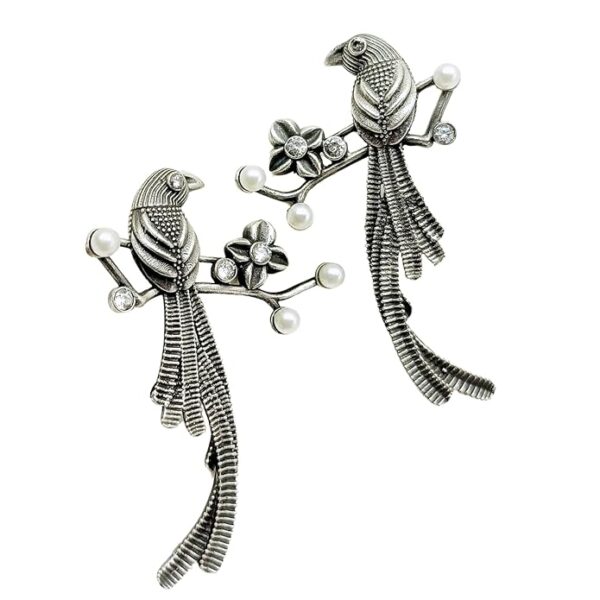 oxidised silver replica big parrot bird floral earring