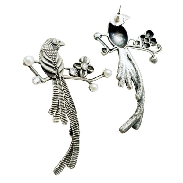 oxidised silver replica big parrot bird floral earring back