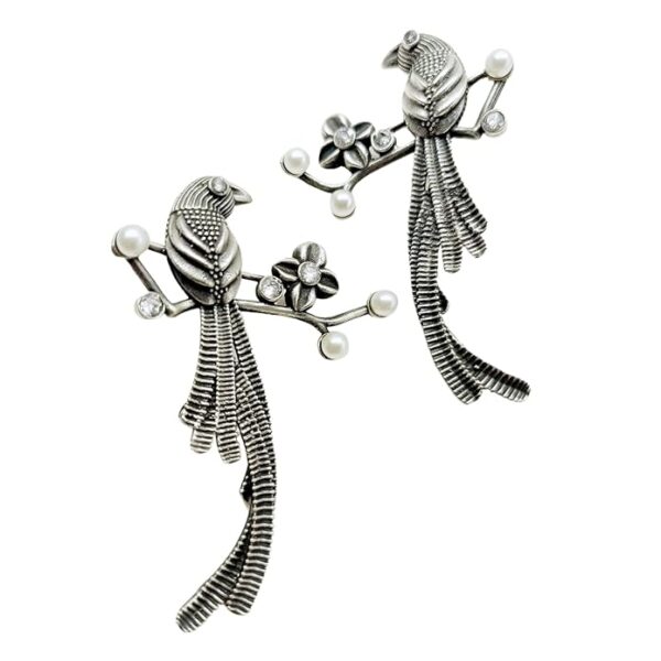 oxidised silver replica big parrot bird floral earring