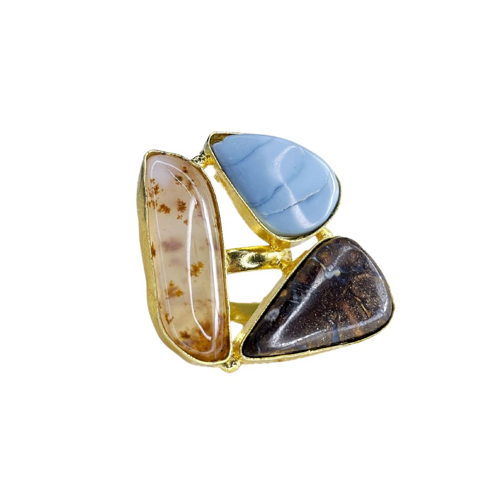 Blue Chalcedony, Dendritic Agate, Tiger's Eye semi precious stone ring, gold ring, stone ring, statement ring, anti tarnish ring, avvni the store,