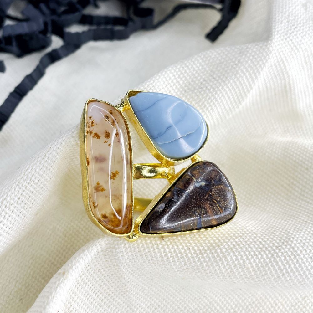 Blue Chalcedony, Dendritic Agate, Tiger's Eye semi precious stone ring, gold ring, stone ring, statement ring, anti tarnish ring, avvni the store,