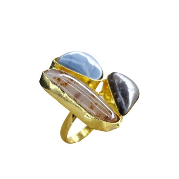 Blue Chalcedony, Dendritic Agate, Tiger's Eye semi precious stone ring, gold ring, stone ring, statement ring, anti tarnish ring, avvni the store,