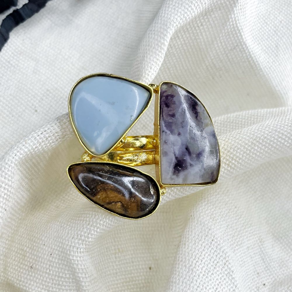 Blue Chalcedony, Lepidolite Stone, Tiger's Eye semi precious stone ring, gold ring, stone ring, statement ring, anti tarnish ring, avvni the store,