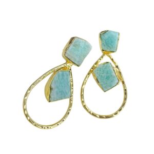 semi precious raw stone earrings, gemstone earring, gold plated earring, raw gemstone, minimal jewellery, raw amazonite stone,