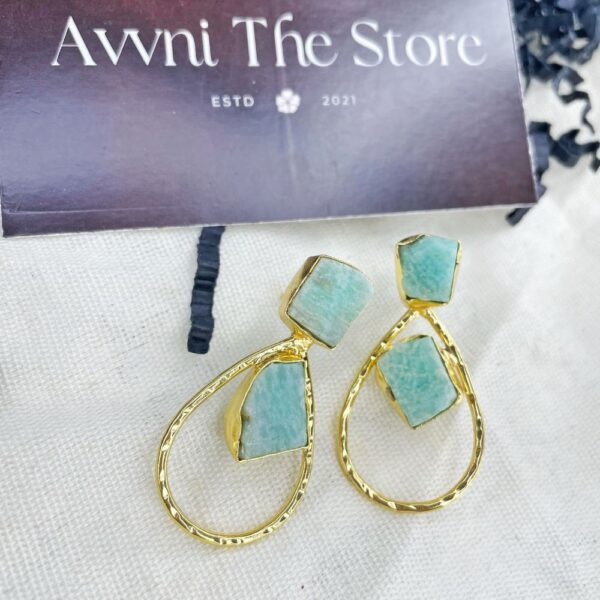 semi precious raw stone earrings, gemstone earring, gold plated earring, raw gemstone, minimal jewellery raw amazonite stone