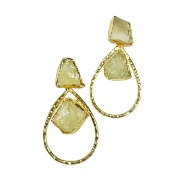 semi precious raw stone earrings, gemstone earring, gold plated earring, raw gemstone, minimal jewellery, Lemon Quartz stone