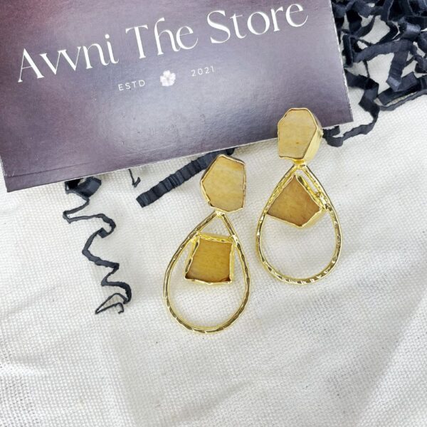 semi precious raw stone earrings, gemstone earring, gold plated earring, raw gemstone, minimal jewellery, raw Yellow Aventurine stone