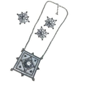 Vintage Geometric Oxidised Jewellery Set, Oxidised Jewellery Set with Geometric Design, Square Pendant Long Necklace with Earrings and Ring, Ethnic Jewellery Set for Women