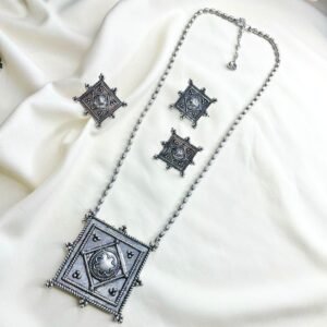 Vintage Geometric Oxidised Jewellery Set, Oxidised Jewellery Set with Geometric Design, Square Pendant Long Necklace with Earrings and Ring, Ethnic Jewellery Set for Women