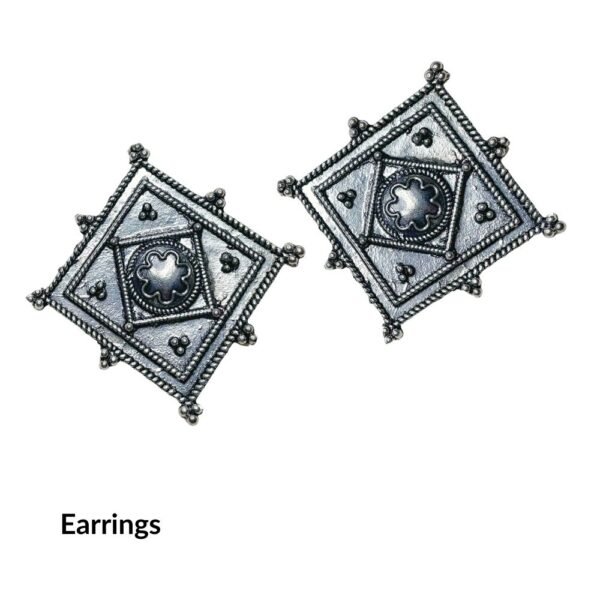 Vintage Geometric Oxidised Jewellery Set, Oxidised Jewellery Set with Geometric Design, Square Pendant Long Necklace with Earrings and Ring, Ethnic Jewellery Set for Women