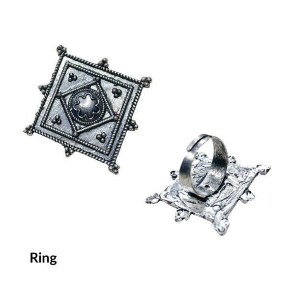 Vintage Geometric Oxidised Jewellery Set, Oxidised Jewellery Set with Geometric Design, Square Pendant Long Necklace with Earrings and Ring, Ethnic Jewellery Set for Women
