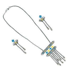 Boho Oxidised Long Necklace Set, Long necklace set, Oxidised necklace set, Boho necklace set, Silver replica necklace set, Antique necklace set, yellow and blue necklace set