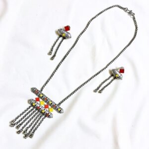 Boho Oxidised Long Necklace Set, Long necklace set, Oxidised necklace set, Boho necklace set, Silver replica necklace set, Antique necklace set, yellow and red necklace set