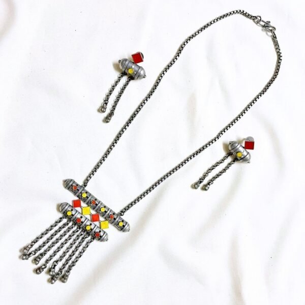 Boho Oxidised Long Necklace Set, Long necklace set, Oxidised necklace set, Boho necklace set, Silver replica necklace set, Antique necklace set, yellow and red necklace set