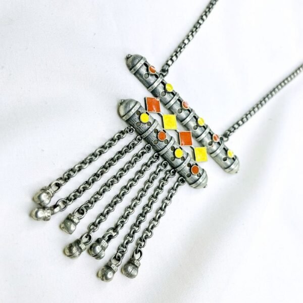Boho Oxidised Long Necklace Set, Long necklace set, Oxidised necklace set, Boho necklace set, Silver replica necklace set, Antique necklace set, yellow and red necklace set