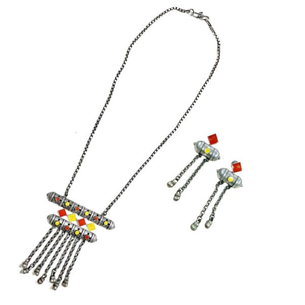 Boho Oxidised Long Necklace Set, Long necklace set, Oxidised necklace set, Boho necklace set, Silver replica necklace set, Antique necklace set, yellow and red necklace set