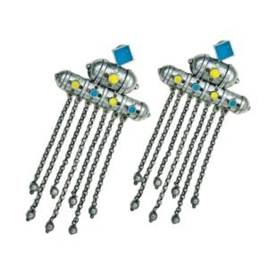 blue and yellow meenakari oxidised earrings, long chain dangler earrings, long earrings, oxidised jewellery,