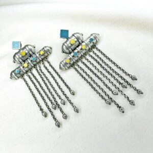 blue and yellow meenakari oxidised earrings, long chain dangler earrings, long earrings, oxidised jewellery,