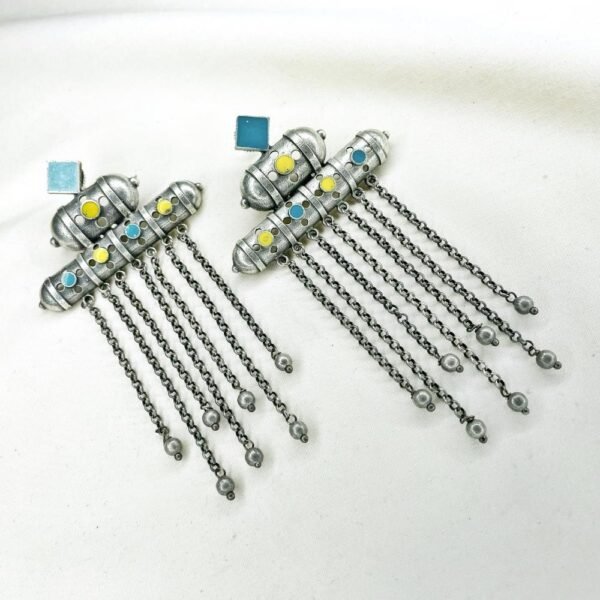 blue and yellow meenakari oxidised earrings, long chain dangler earrings, long earrings, oxidised jewellery,