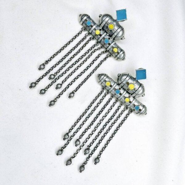 blue and yellow meenakari oxidised earrings, long chain dangler earrings, long earrings, oxidised jewellery,