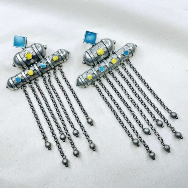 blue and yellow meenakari oxidised earrings, long chain dangler earrings, long earrings, oxidised jewellery,