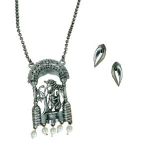 Divine Silver Oxidised Long Necklace Set, Radha Krishna Oxidised Necklace Set for Women, oxidised long necklace set with shankh earrings