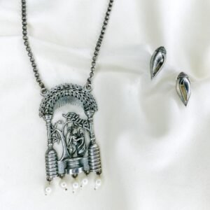 Divine Silver Oxidised Long Necklace Set, Long Necklace with Beaded Ball Chain with shankh earrings