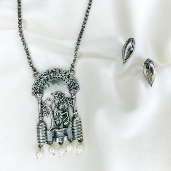 Divine Silver Oxidised Long Necklace Set, Long Necklace with Beaded Ball Chain with shankh earrings