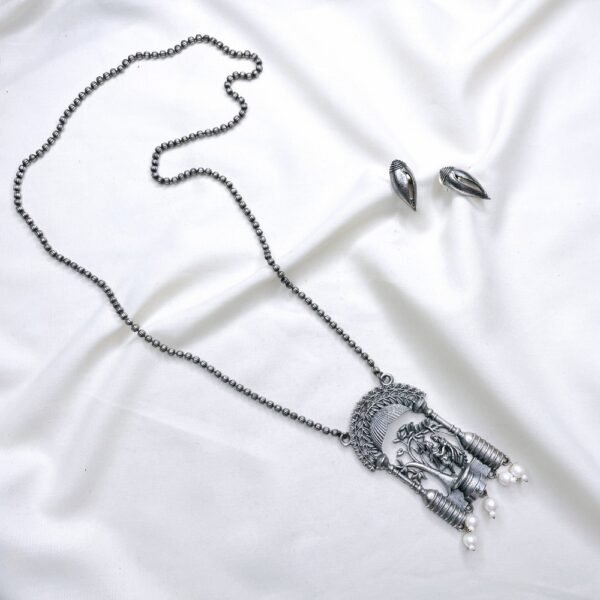 Divine Silver Oxidised Long Necklace Set, Shankh Earrings & Oxidised Necklace for Traditional Wear