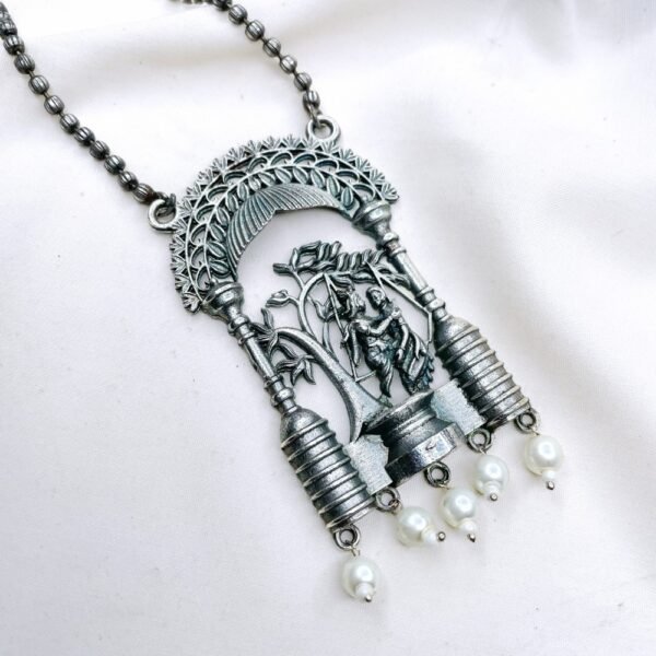 oxidised radha krishna pendant with long ball chain, oxidised jewellery