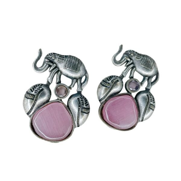 Oxidised Elephant Motif Drop Earrings, oxidised earrings, silver replica earrings, monalisa pink stone earrings,