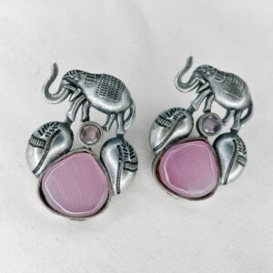 Oxidised Elephant Motif Drop Earrings, oxidised earrings, silver replica earrings, monalisa pink stone earrings,