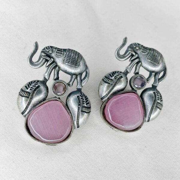 Oxidised Elephant Motif Drop Earrings, oxidised earrings, silver replica earrings, monalisa pink stone earrings,