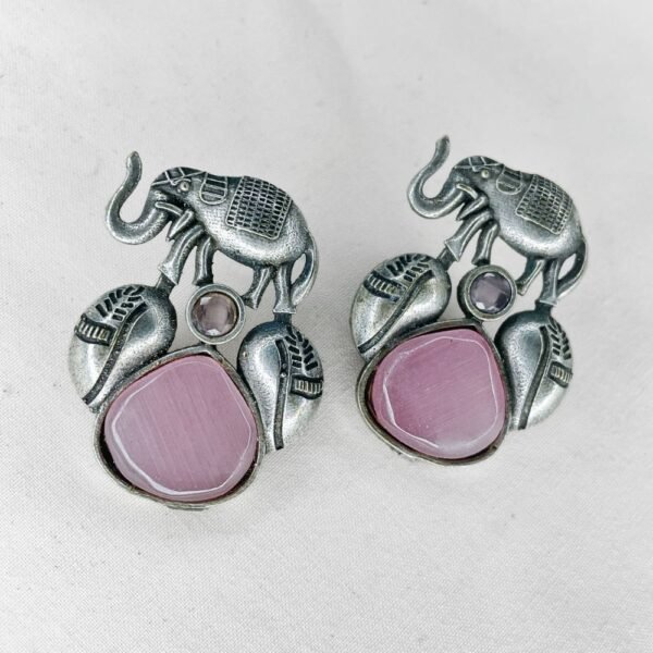Oxidised Elephant Motif Drop Earrings, oxidised earrings, silver replica earrings, monalisa pink stone earrings,