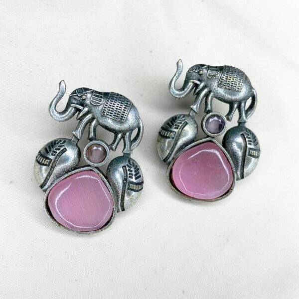 Oxidised Elephant Motif Drop Earrings, oxidised earrings, silver replica earrings, monalisa pink stone earrings,