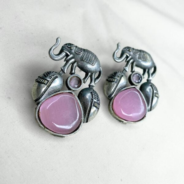 Oxidised Elephant Motif Drop Earrings, oxidised earrings, silver replica earrings, monalisa pink stone earrings,