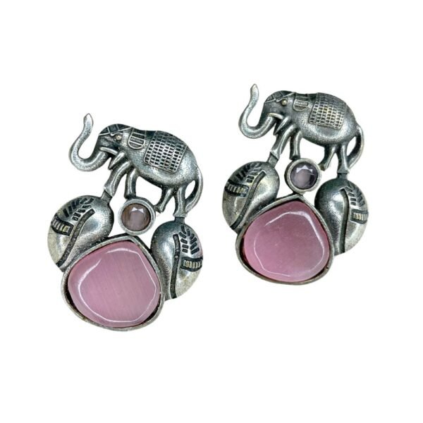 Oxidised Elephant Motif Drop Earrings, oxidised earrings, silver replica earrings, monalisa pink stone earrings,