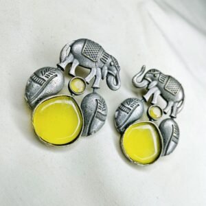 Oxidised Elephant Motif Drop Earrings, oxidised earrings, silver replica earrings, monalisa yellow stone earrings,
